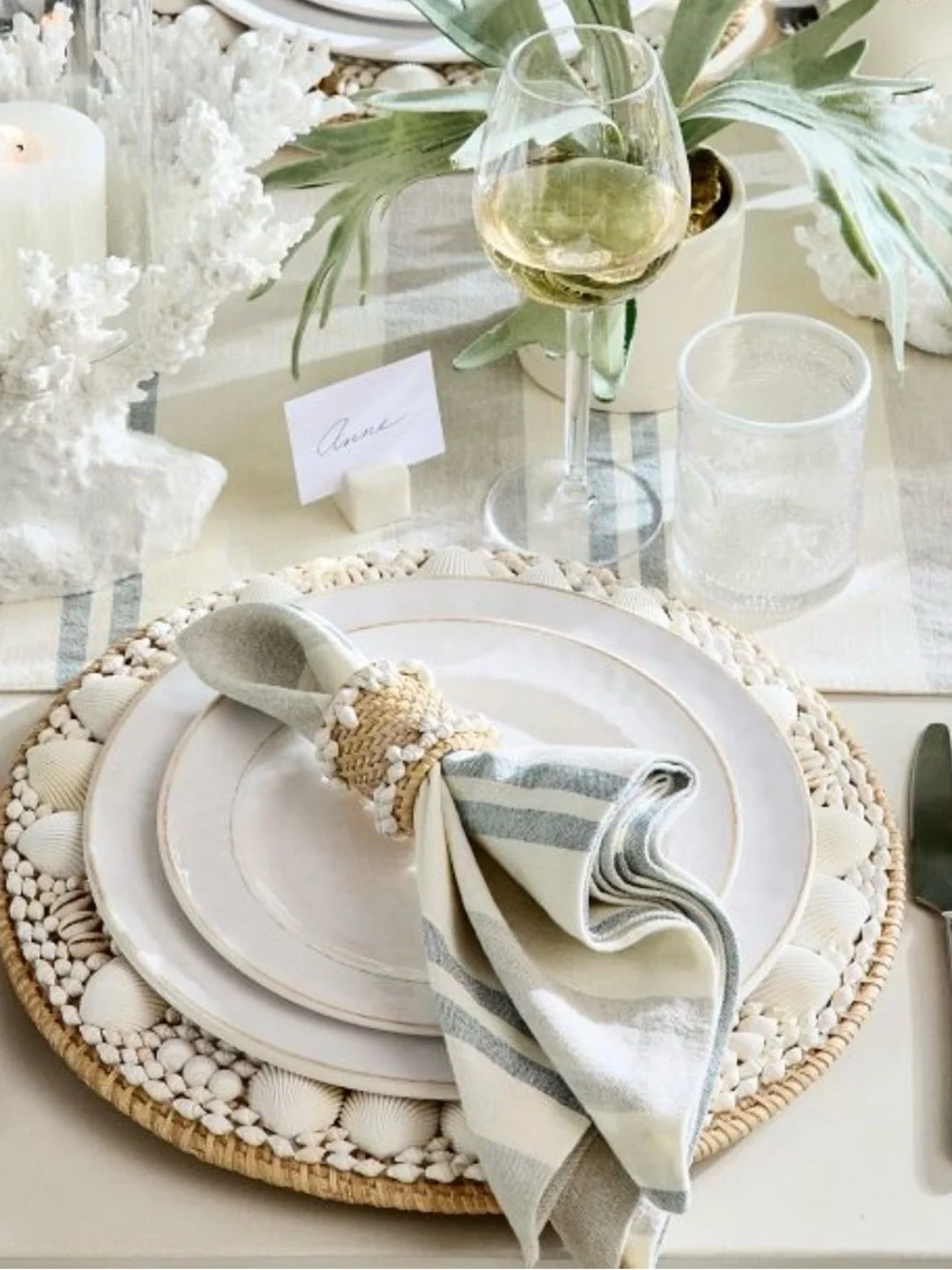 Pottery Barn Cream and Light Blue Striped Cotton Napkins - Set of 4